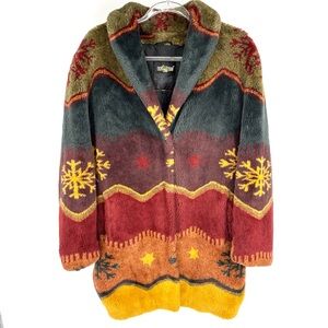 Vintage Faux Fur Coat Small Multi Color Printed Snowflake Star 80s Artfur Cabin